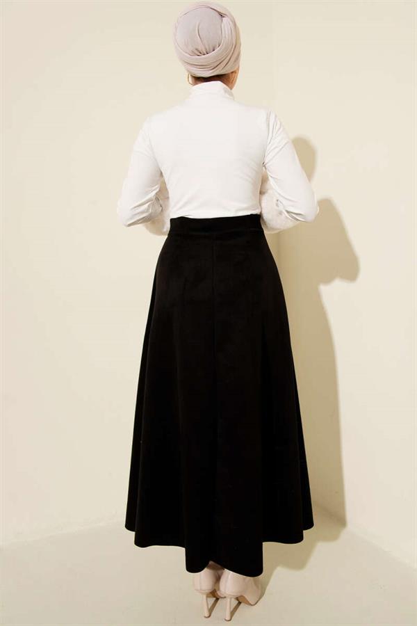 Elastic Waist Suede Flared Skirt Black