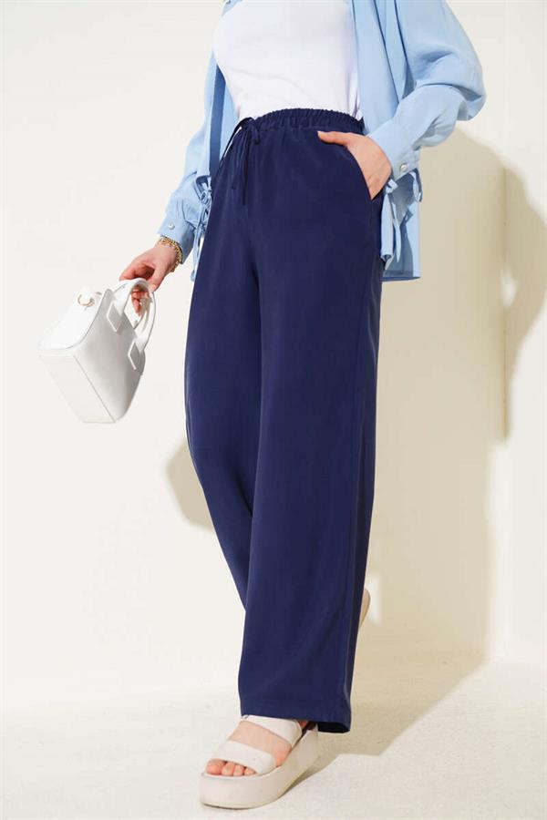 Elastic Waist Tencel Trousers Navy Blue