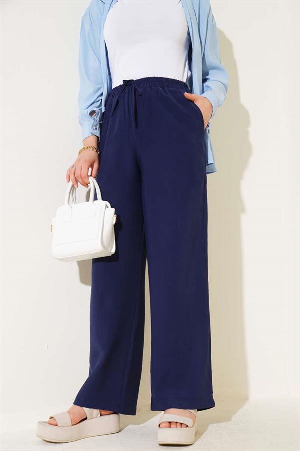 Elastic Waist Tencel Trousers Navy Blue