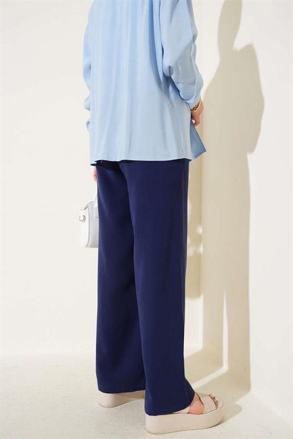 Elastic Waist Tencel Trousers Navy Blue