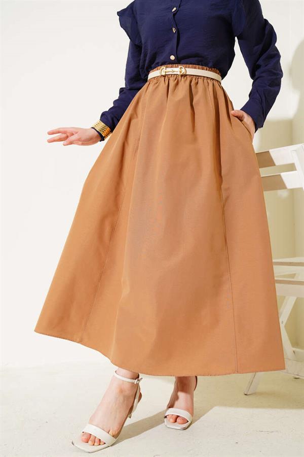 Elastic Waist Terikoton Skirt Camel