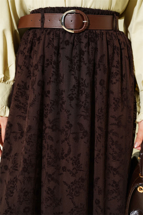 Elastic Waist Tulle Floral Skirt Coffee
