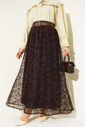 Elastic Waist Tulle Floral Skirt Coffee