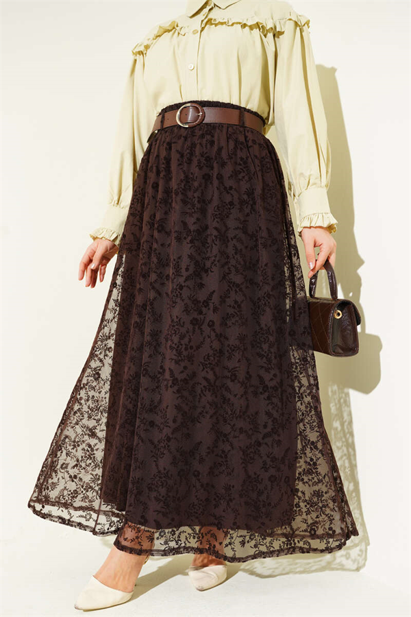Elastic Waist Tulle Floral Skirt Coffee