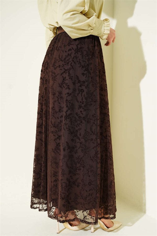 Elastic Waist Tulle Floral Skirt Coffee