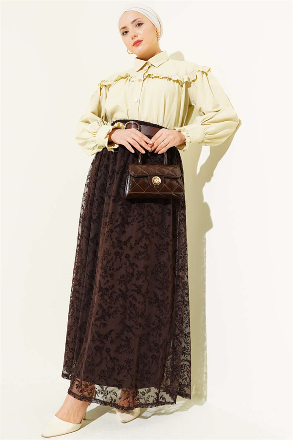 Elastic Waist Tulle Floral Skirt Coffee
