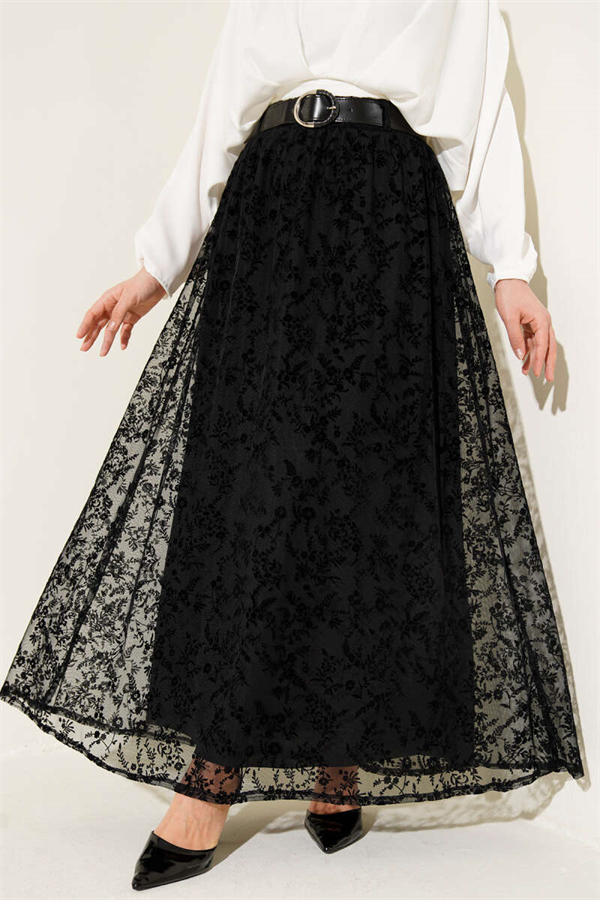 Black Tulle Floral Skirt with Elastic Waistband