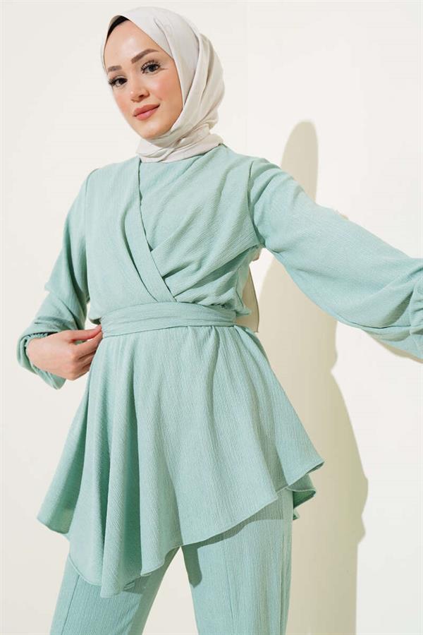 Waist Elastic Tunic Crepe 2 Piece Set Mint