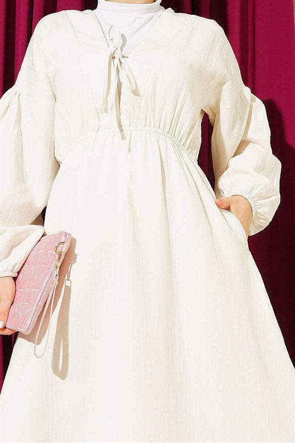V-Neck Muslin Dress with Elastic Waistband, Ecru