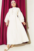 V-Neck Muslin Dress with Elastic Waistband, Ecru