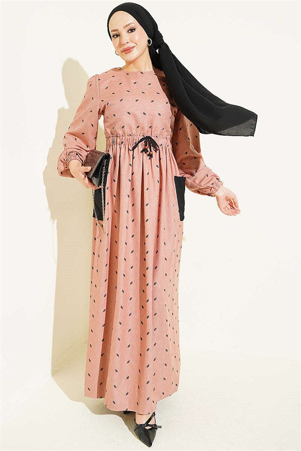 Leaf Pattern Dress with Elastic Waist, Camel