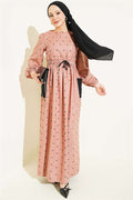 Leaf Pattern Dress with Elastic Waist, Camel