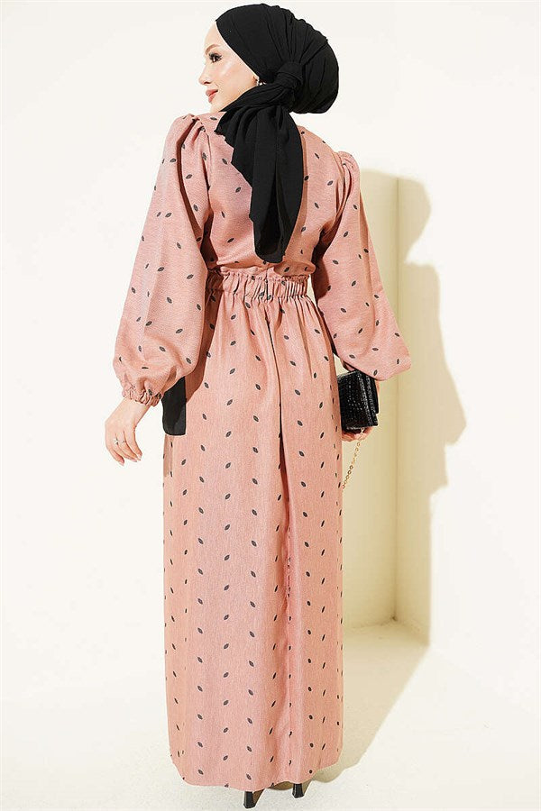 Leaf Pattern Dress with Elastic Waist, Camel