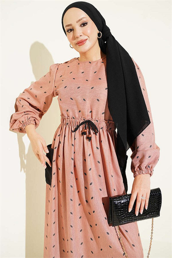 Leaf Pattern Dress with Elastic Waist, Camel