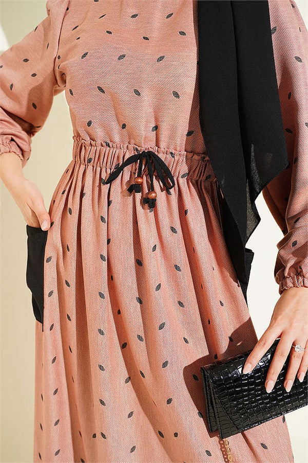 Leaf Pattern Dress with Elastic Waist, Camel
