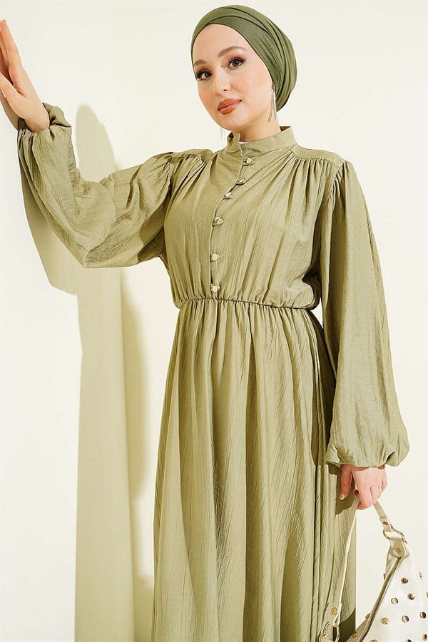 Half-Brit Buttoned Dress with Elastic Waist, Sage Green