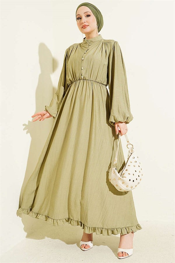 Half-Brit Buttoned Dress with Elastic Waist, Sage Green