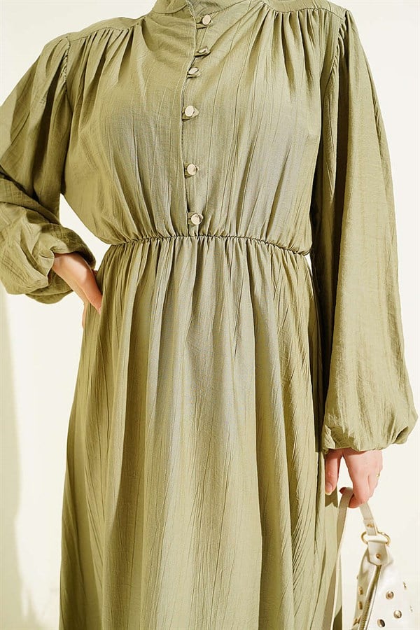 Half-Brit Buttoned Dress with Elastic Waist, Sage Green