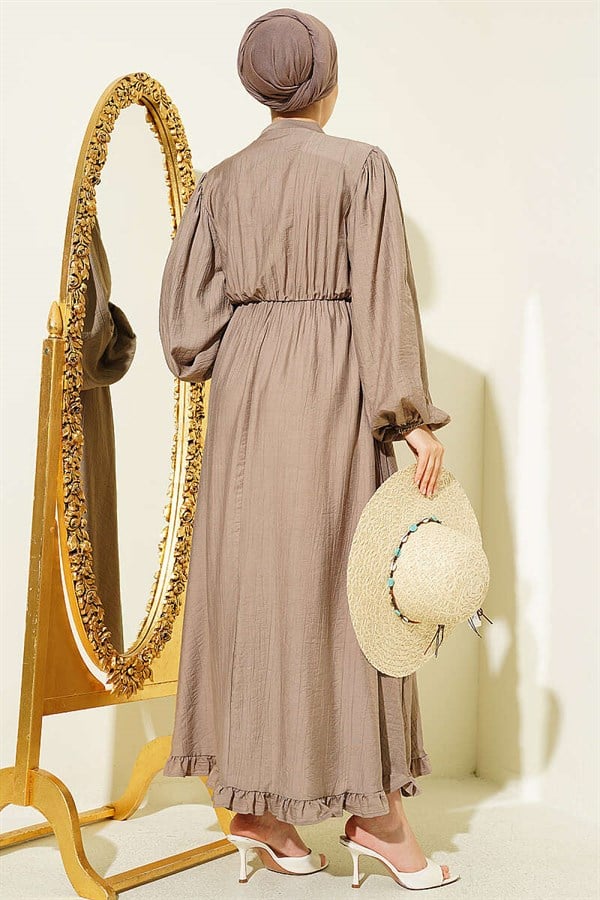 Elastic Waist Half British Buttoned Dress Latte