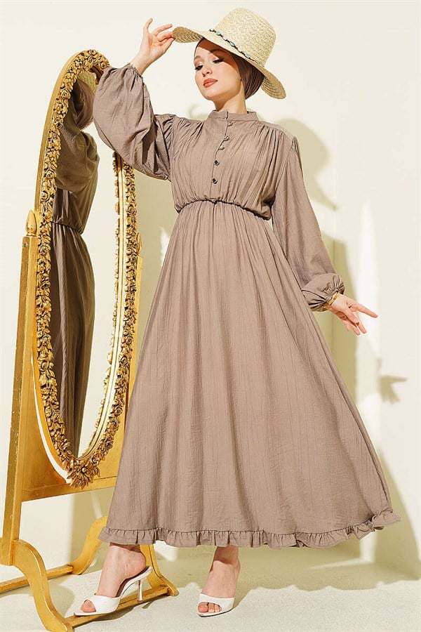 Elastic Waist Half British Buttoned Dress Latte