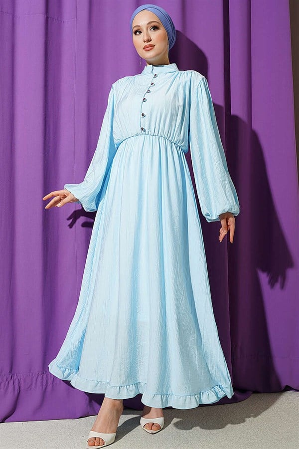 Elastic Waist Half-Brit Buttoned Dress Blue