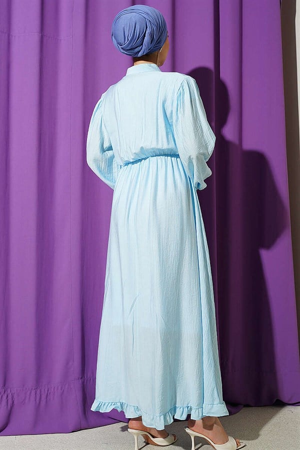 Elastic Waist Half-Brit Buttoned Dress Blue