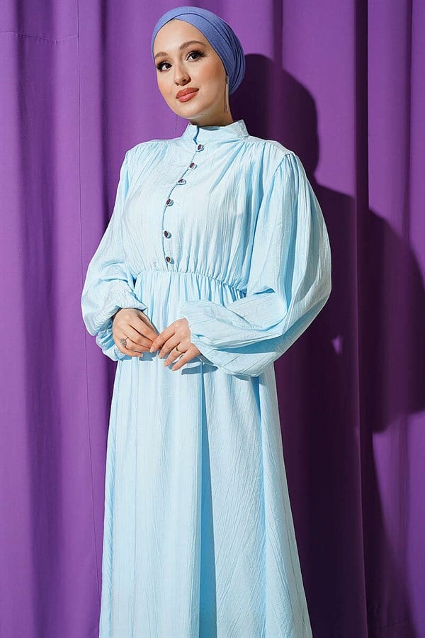Elastic Waist Half-Brit Buttoned Dress Blue