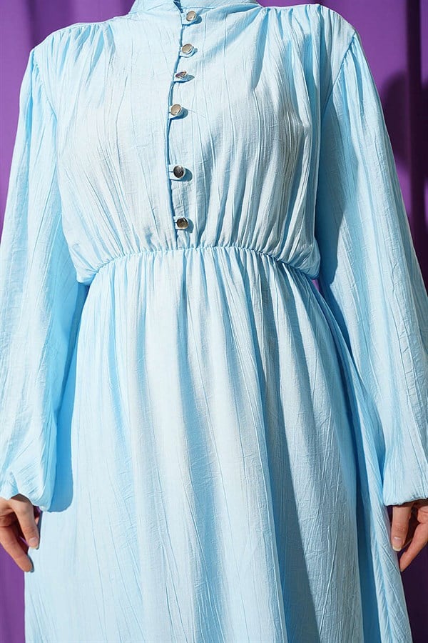 Elastic Waist Half-Brit Buttoned Dress Blue