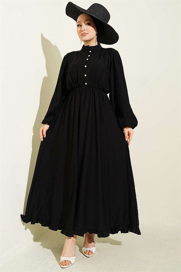 Black Half-Brit Button-Down Dress with Elastic Waist