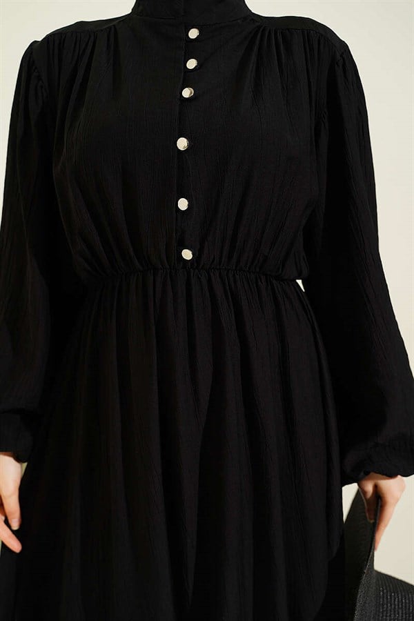 Black Half-Brit Button-Down Dress with Elastic Waist