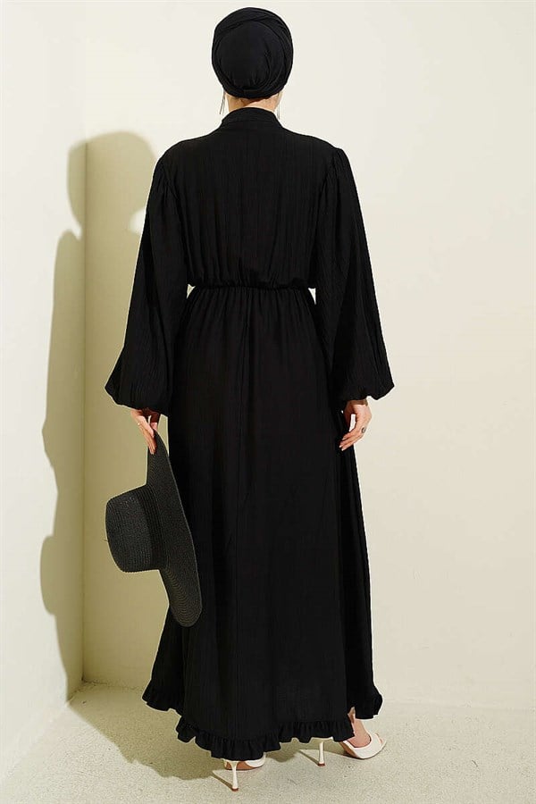 Black Half-Brit Button-Down Dress with Elastic Waist