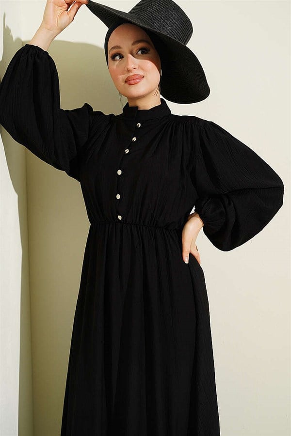 Black Half-Brit Button-Down Dress with Elastic Waist