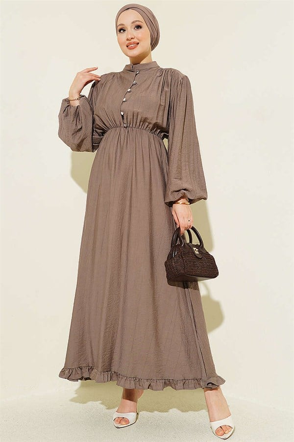 Half-Brit Buttoned Dress with Elastic Waist, Mink Color
