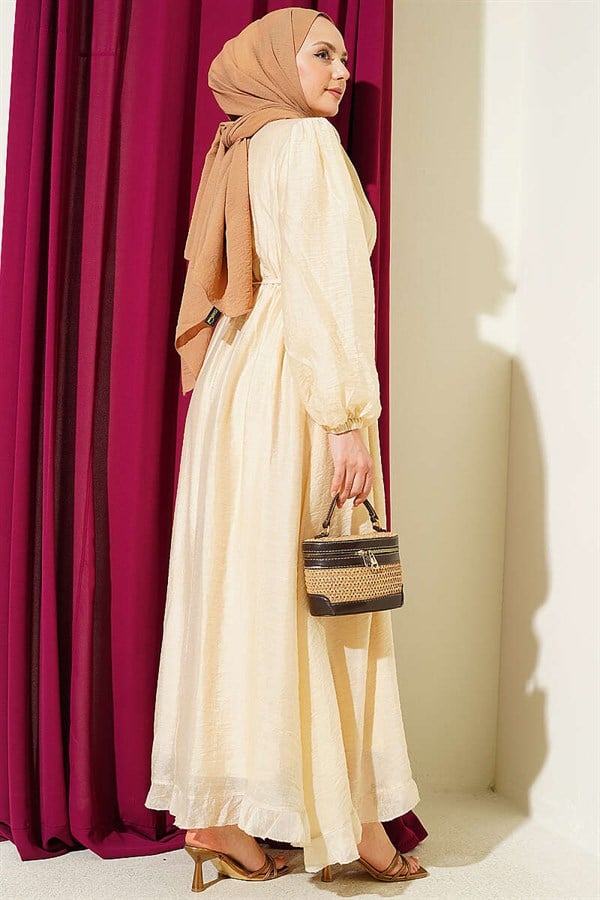 Beige Half-Button Dress with Elastic Waist