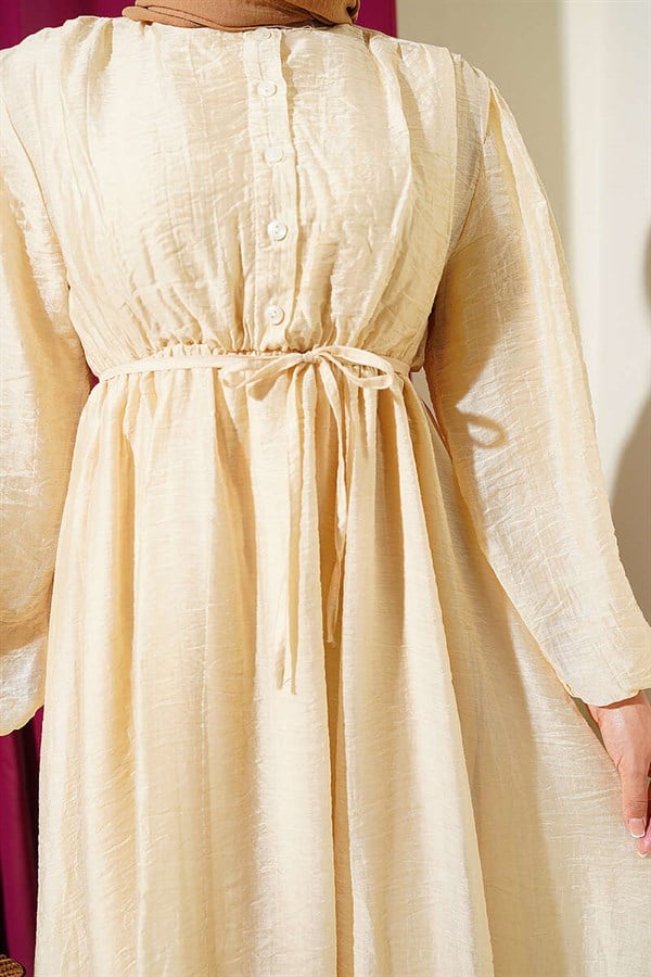 Beige Half-Button Dress with Elastic Waist