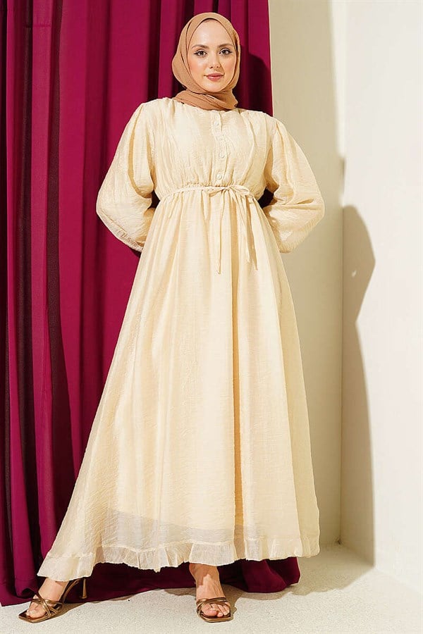 Beige Half-Button Dress with Elastic Waist