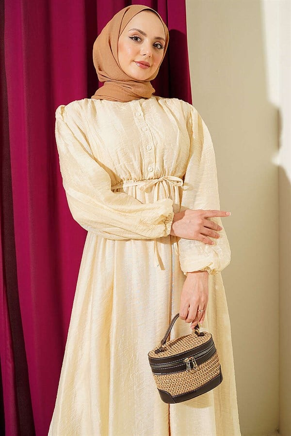 Beige Half-Button Dress with Elastic Waist