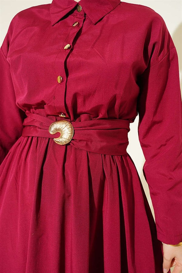 Burgundy Dress with Elastic Waist and Half Gold Buttons