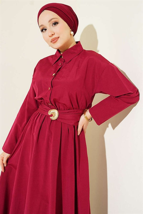 Burgundy Dress with Elastic Waist and Half Gold Buttons