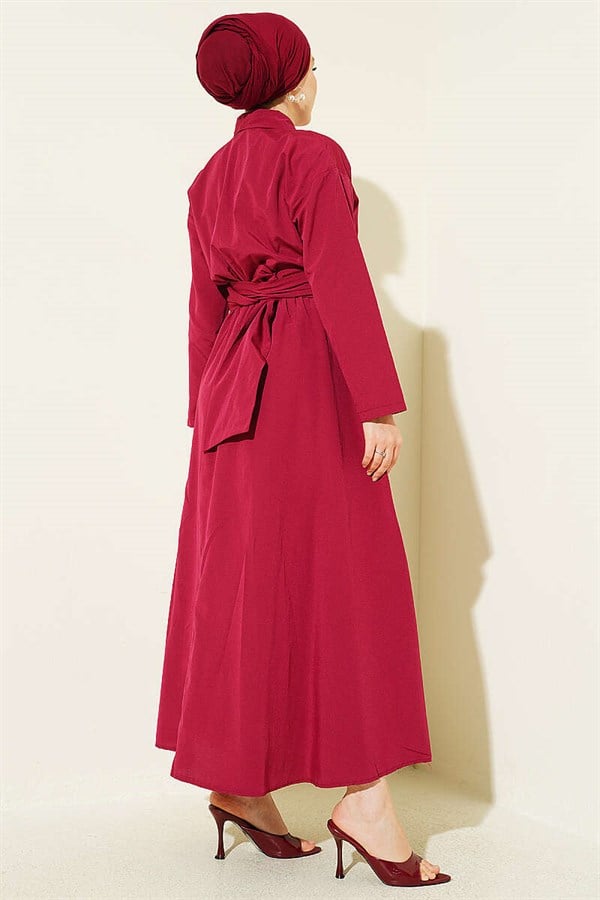 Burgundy Dress with Elastic Waist and Half Gold Buttons
