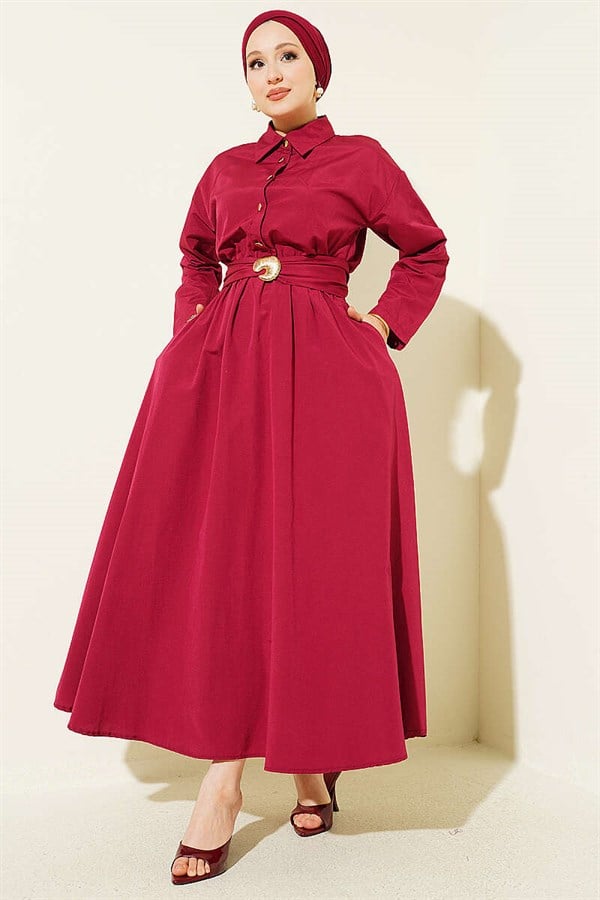 Burgundy Dress with Elastic Waist and Half Gold Buttons