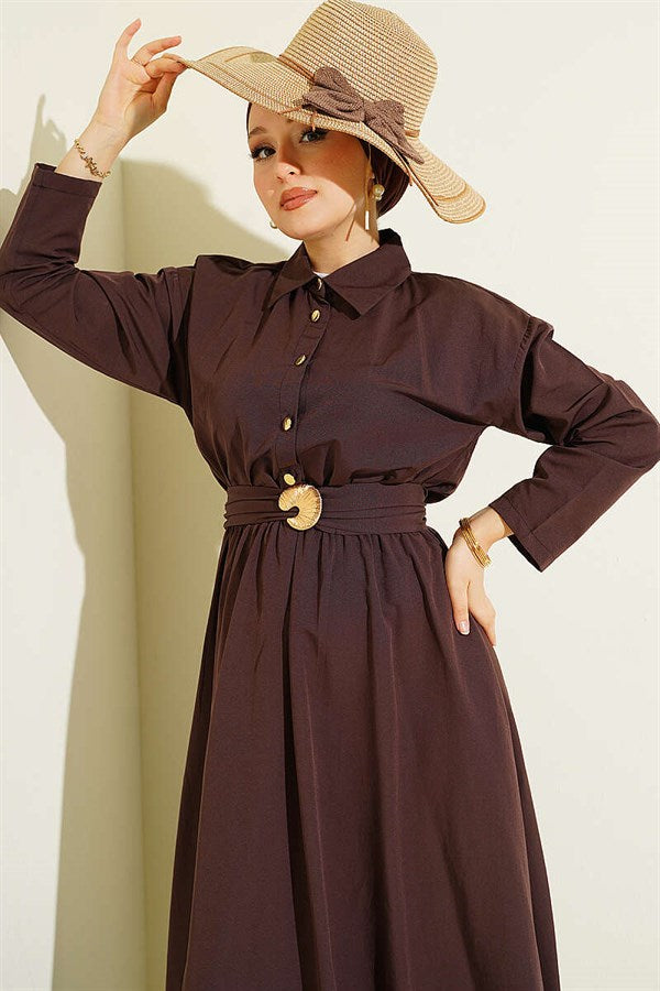 Brown Dress with Elastic Waist and Half Gold Buttons