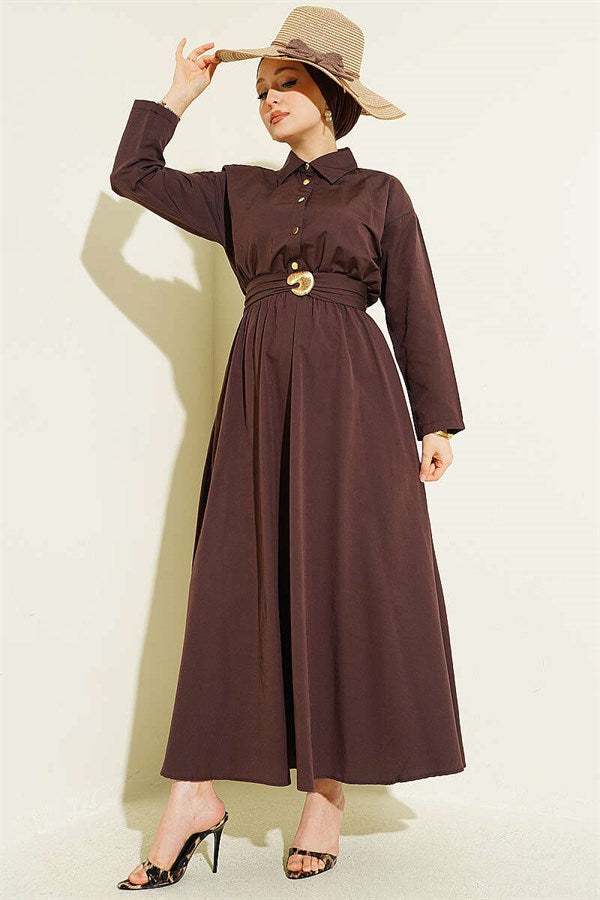 Brown Dress with Elastic Waist and Half Gold Buttons
