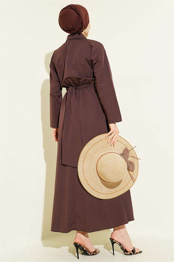 Brown Dress with Elastic Waist and Half Gold Buttons