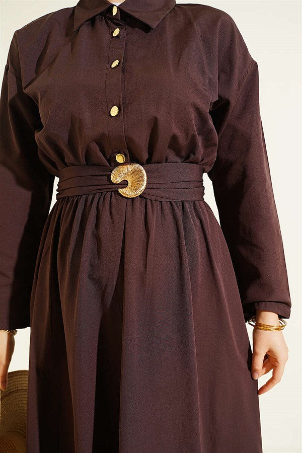 Brown Dress with Elastic Waist and Half Gold Buttons