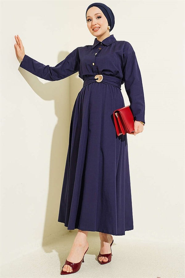 Navy Blue Dress with Elastic Waist and Half Gold Buttons