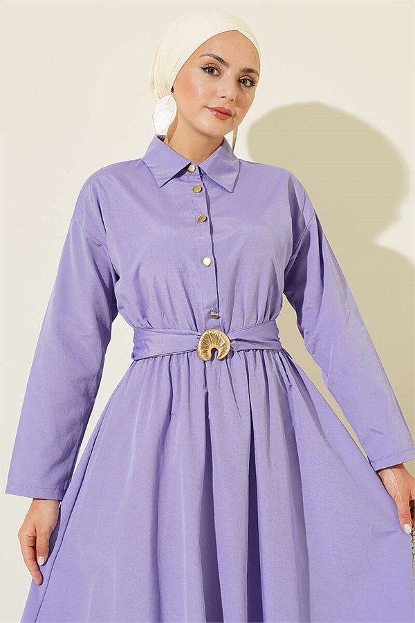 Elastic Waist Half Gold Buttoned Dress Lilac
