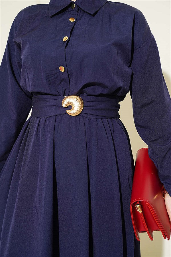 Navy Blue Dress with Elastic Waist and Half Gold Buttons