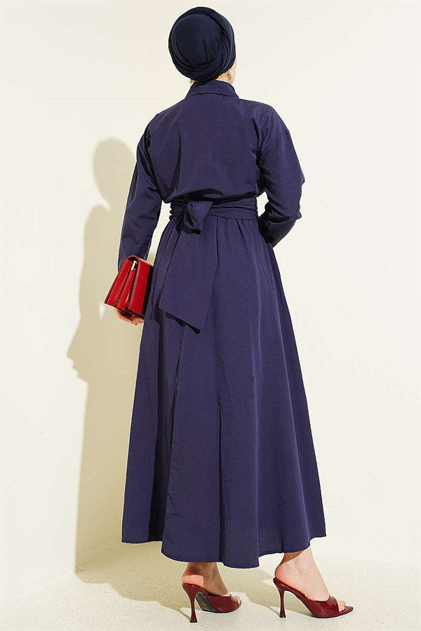 Navy Blue Dress with Elastic Waist and Half Gold Buttons