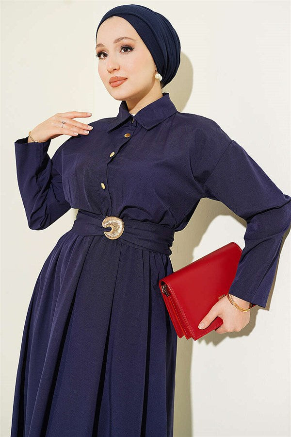 Navy Blue Dress with Elastic Waist and Half Gold Buttons